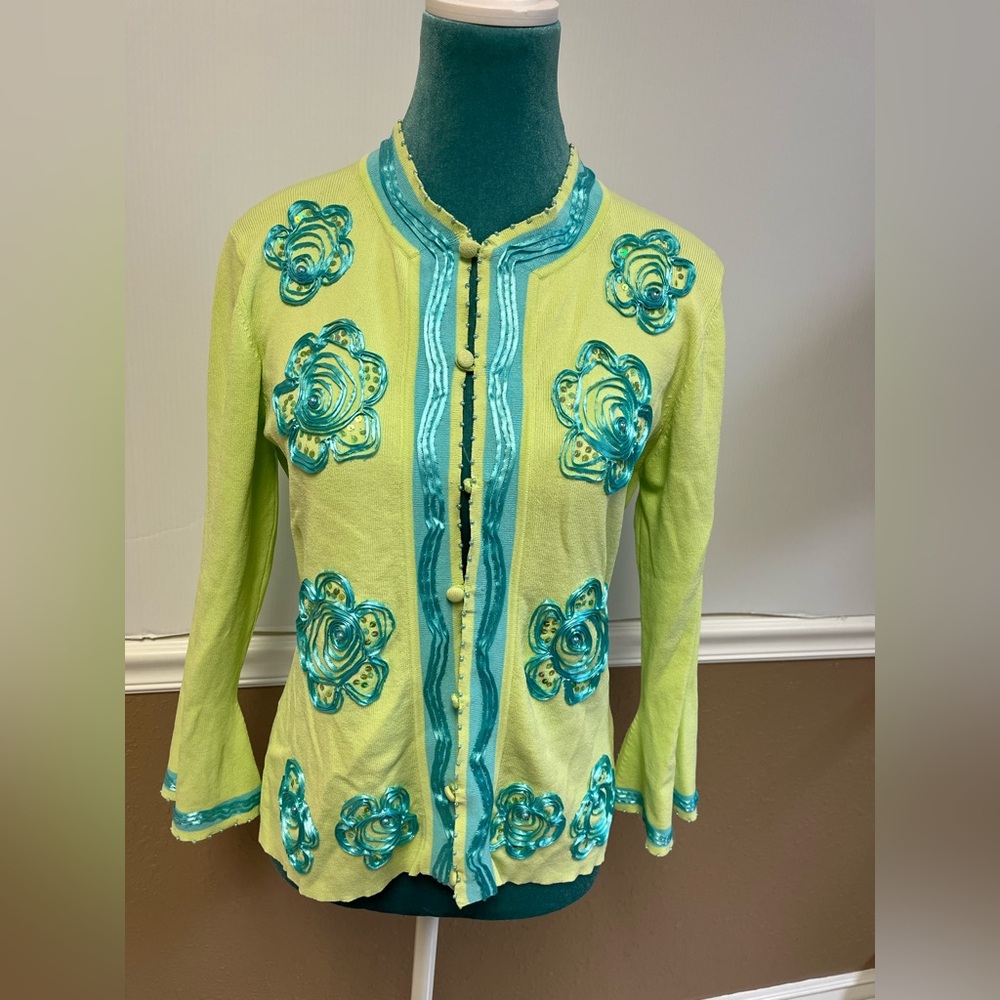 Vintage Cardigan Sweater Women’s Small Green & Blue Floral Beaded Sequin - Picture 1 of 6